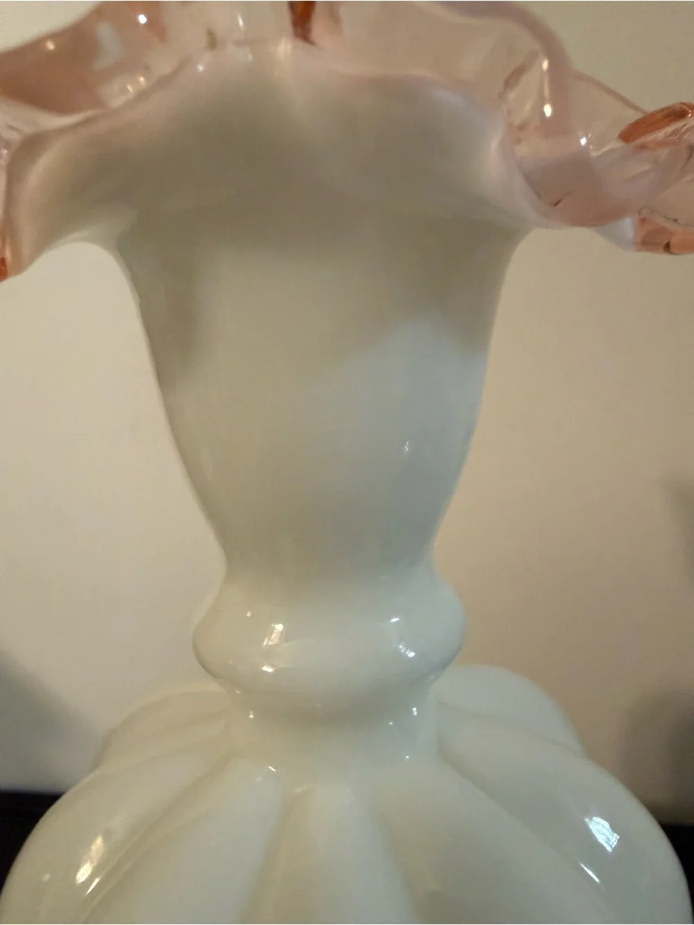 Siver crest Fenton White Milk Glass Vase Pink Interior Ruffled Edge
